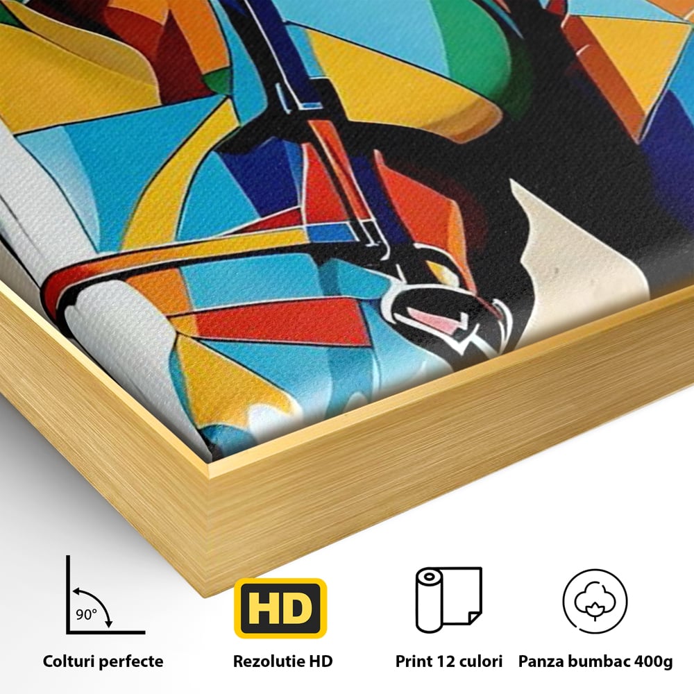 Detaliu al suprafetei: tablou canvas cu armasar geometric colorat, in rama de aluminiu auriu